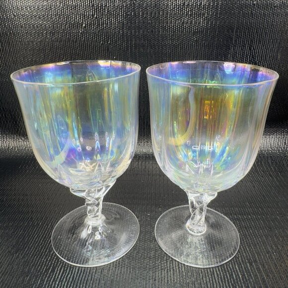 Vintage Iridescent Glass Footed Glasses Cups Drinking Goblets Twisted Stem Set 2 - Picture 11 of 11
